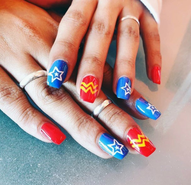 Blue And Red Creative Design On Nails