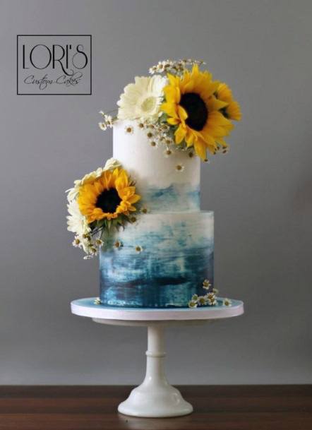 Blue And White Marble Wedding Cakes With Sunflower Women