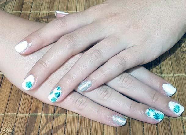 Blue And White With Silver Glitter Summer Nail Design