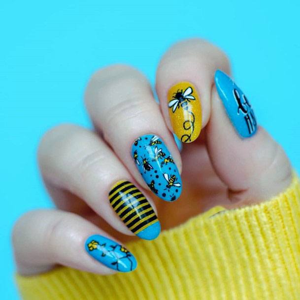 Blue And Yellow Bee Nails For Women