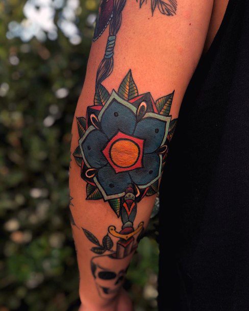 Blue And Yellow Flower Traditional Tattoo For Women On Arms