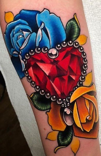 Blue And Yellow Rose And Red Heart Tattoo Women