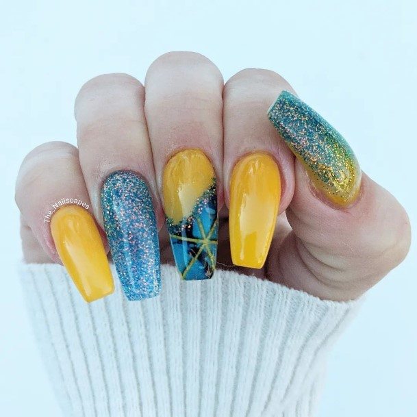 Blue And Yellow Womens Nail Designs