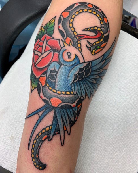 Blue Bird And Snake Tattoo Traditional