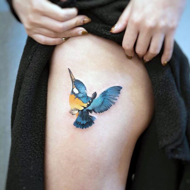 Blue Bird Tattoo Womens Thighs