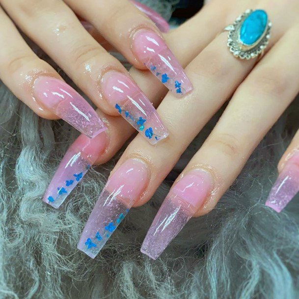 Blue Butterflies On Clear Pink Nails Women