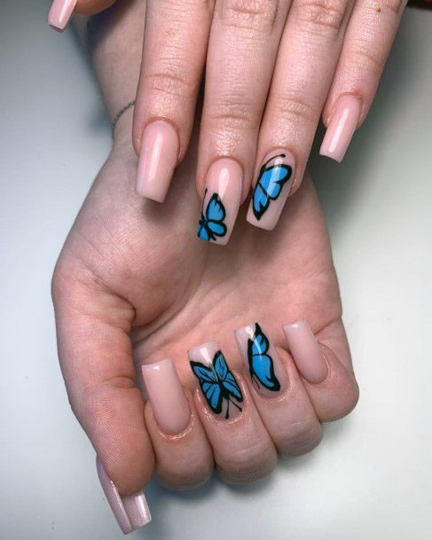 Blue Butterfly Art On Nails Women