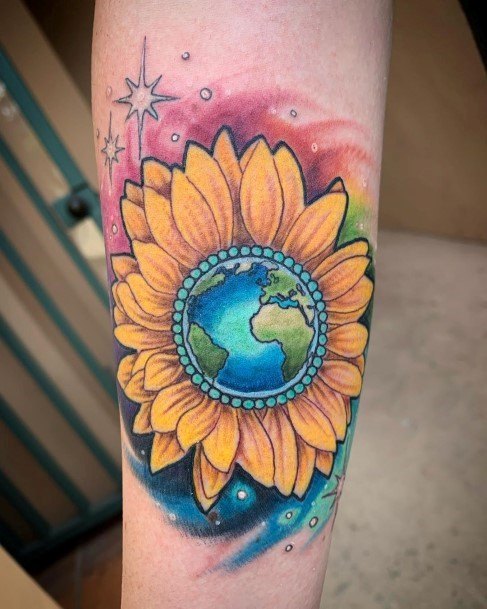 Blue Core Sunflower Tattoo Womens Forearms