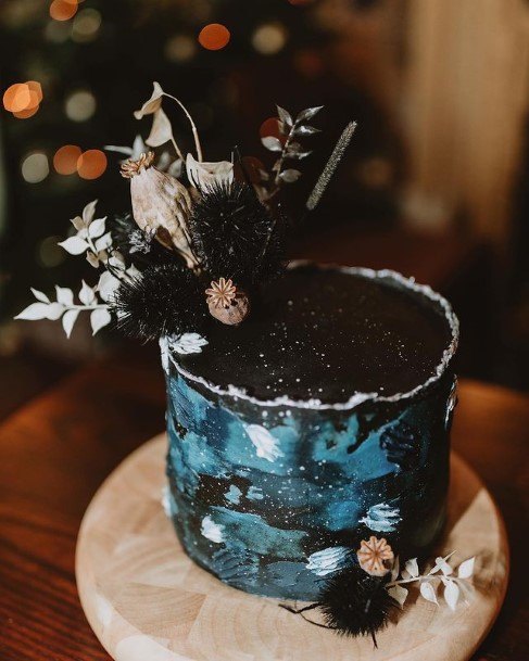 Blue Design On Black Wedding Cake