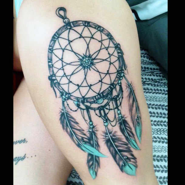 Blue Ended Feathers Dream Catcher Tattoo For Women