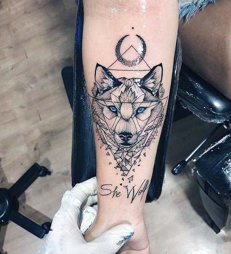 Blue Eyed Fox And Geometric Tattoo Womens Lower Legs