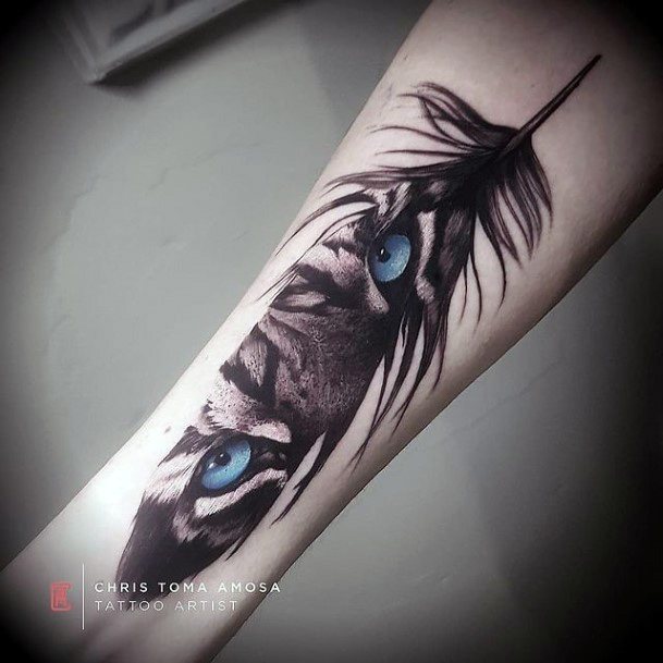 Blue Eyes And Feather Tattoo For Women