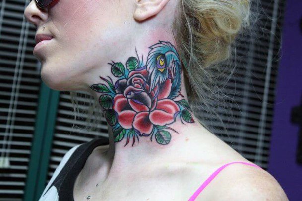 Blue Feather And Rose Neck Tattoo For Women