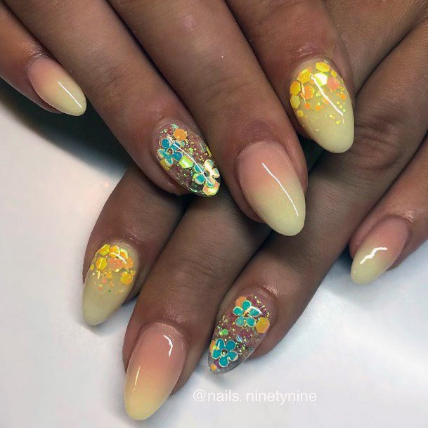Blue Flower Sparkles On Yellow Ombre Nails For Women