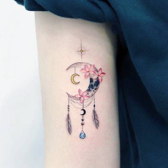 Blue Gems Half Moon Dream Catcher Tattoo For Women
