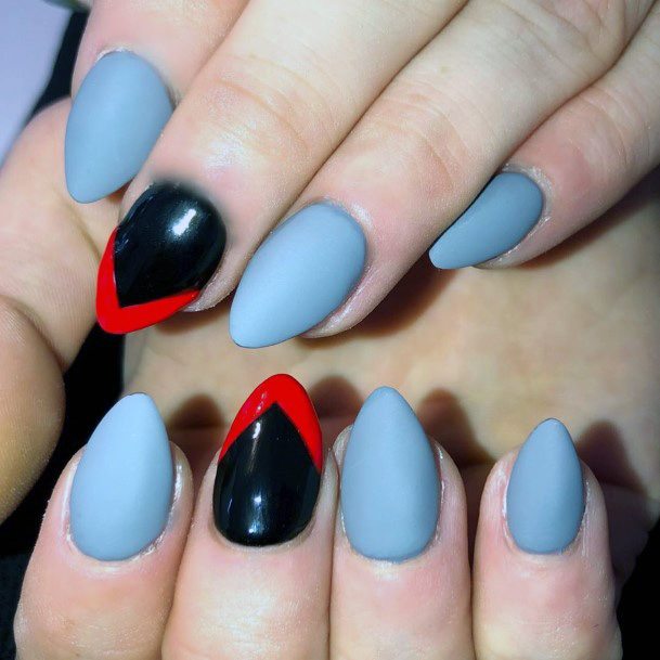 Blue Grey Matte Nails With Sporty Black Red Art Women