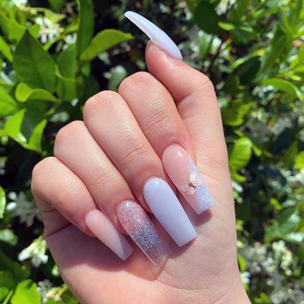 Blue Grey Nude Glittery Womens Prom Nail Inspiration Ideas