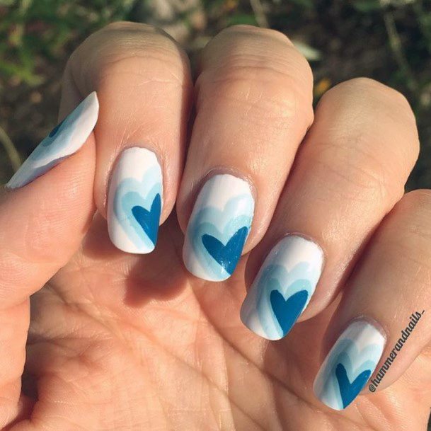 Blue Heart With Shadow Effect On White Nails