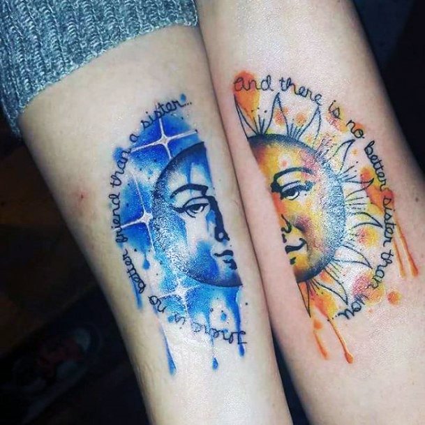 Blue Moon And Yellow Sun Sister Tattoo