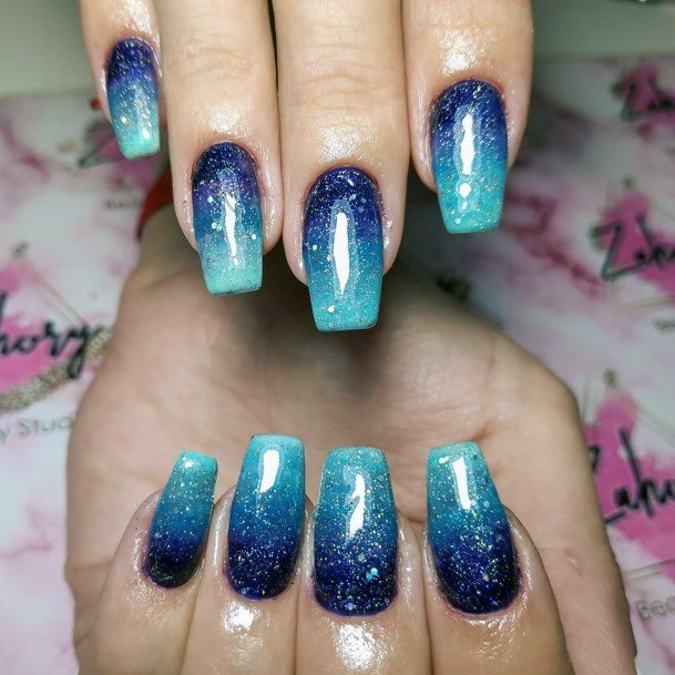 Blue Ombre With Glitters Design Square Shaped Nails