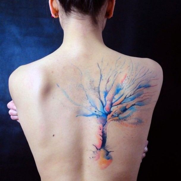 Blue Orange Dried Tree Tattoo Back Women