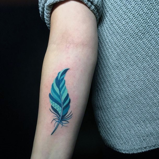 Blue Painted Feather Tattoo Womens Hands