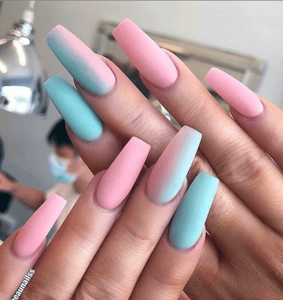 Blue Pink Horizontal Ombre Matte Nails Women