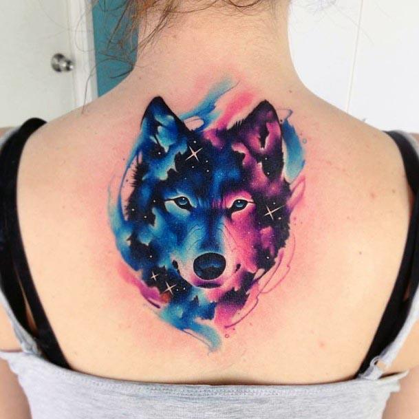 Blue Purple Watercolor Fox Tattoo Womens Back