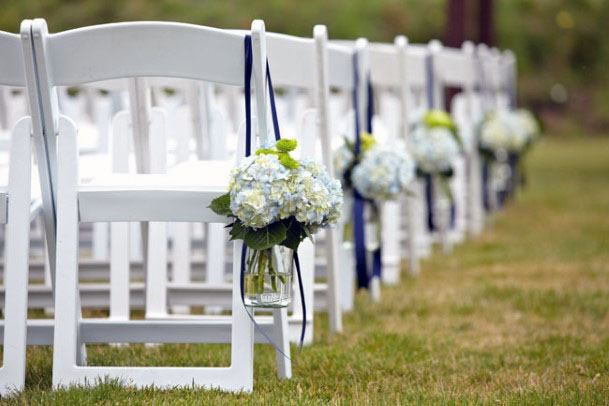 Blue Ribbon Tied Mason Jar With Blossoms Wedding Decorations Aisle