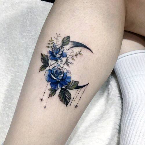 Blue Rose Dream Catcher Tattoo Womens Legs