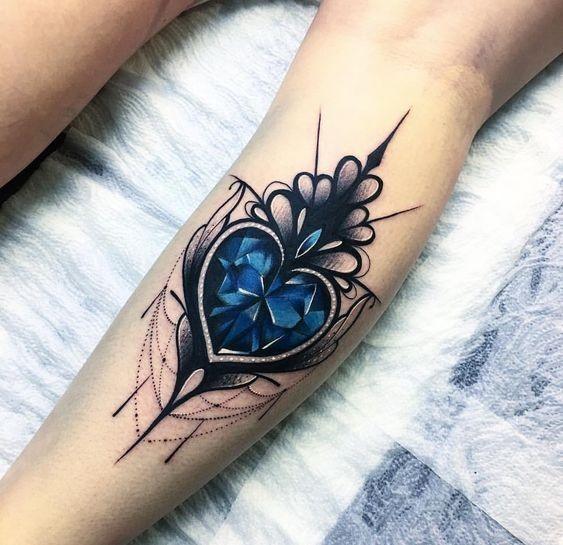 Blue Sapphire Heart Tattoo Womens Legs