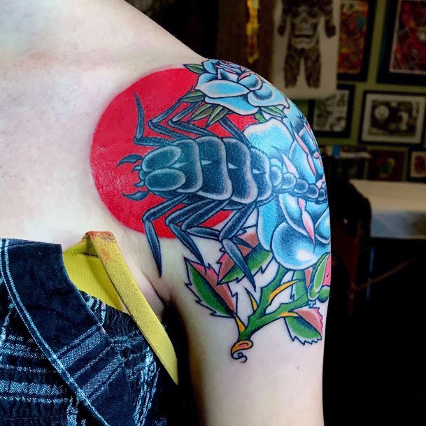 Blue Scorpion And Red Spherical Tattoo Womens Shoulders