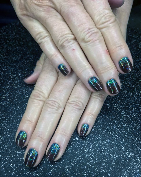 Blue Sparkles And Brown Nail Art Women