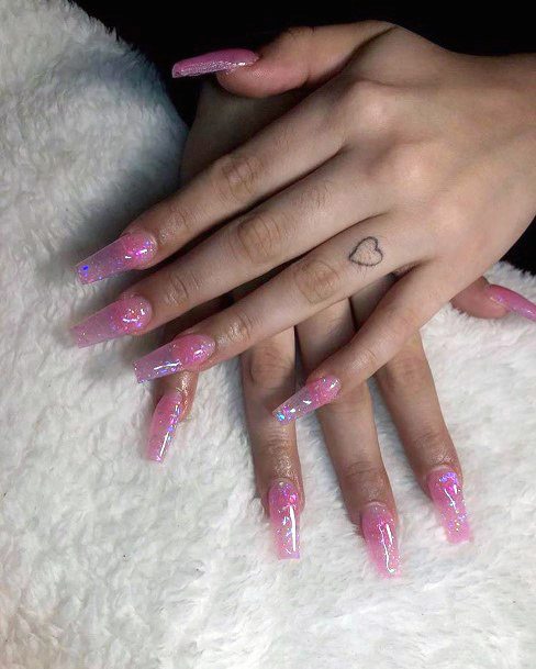 Blue Sparkles On Clear Pink Nails Women