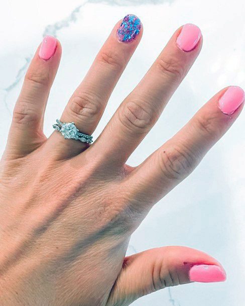 Blue Sparkles On Pink Nails Spring Women