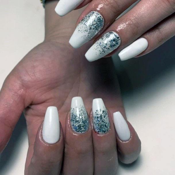 Blue Sparkles On White Gel Nails Women