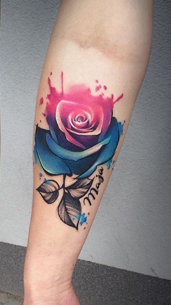 Blue Splash Pink Flower Tattoo Womens Forearms