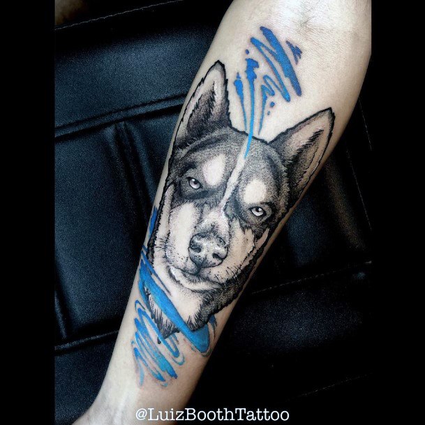 Blue Streaks And Dog Tattoo For Women