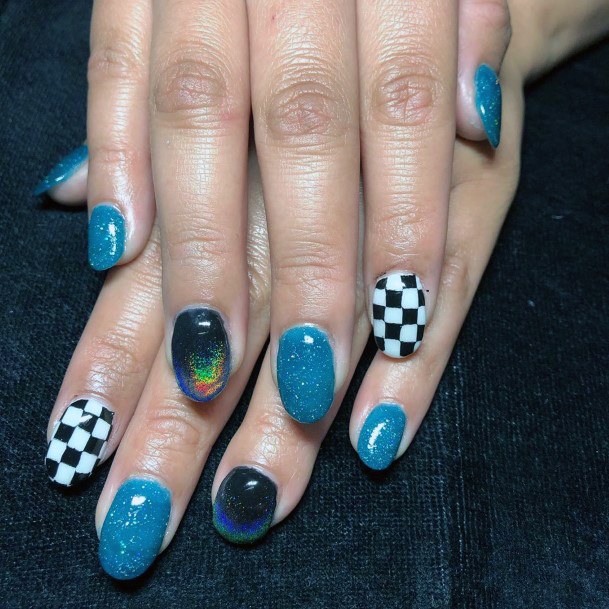 Blue Themed Checkered Nails Women