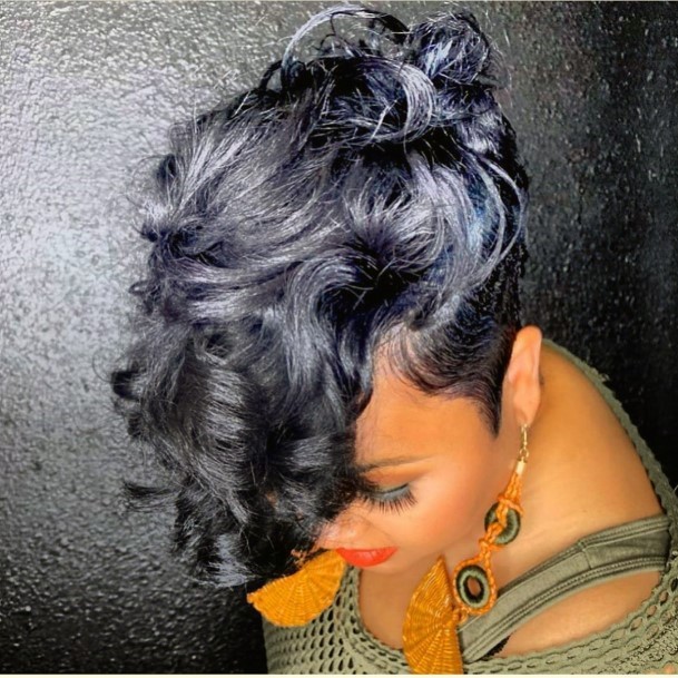 Blue Tinted Curly Pixie Hairstyles For Black Women