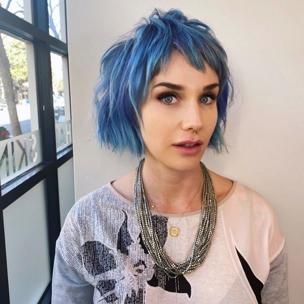 Blue Uneven Bob Modern Hairstyle Women