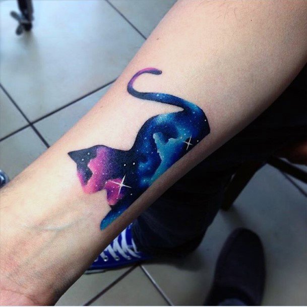 Blue Universe Tattoo Of Cat For Women