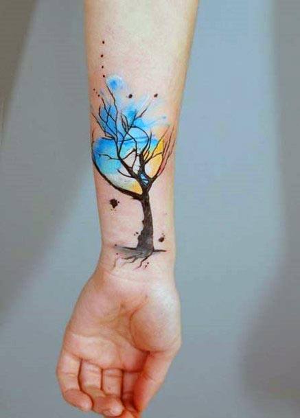 Blue Watercolor Tattoo Womens Forearms