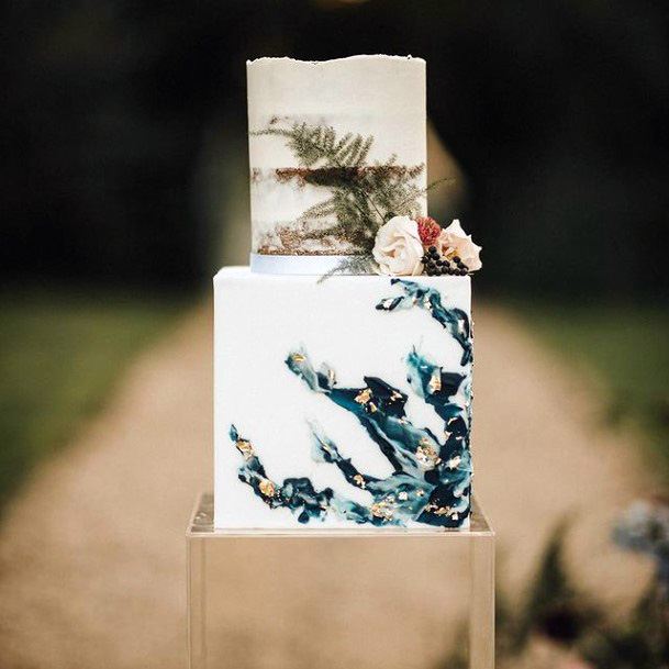 Blue Wavy Design Square Wedding Cake