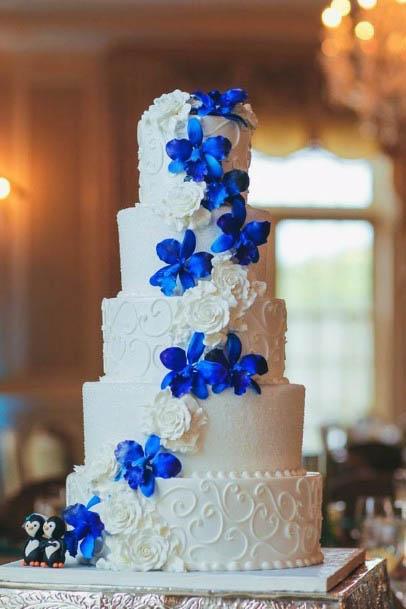 Blue Wedding Flowers On White Cake
