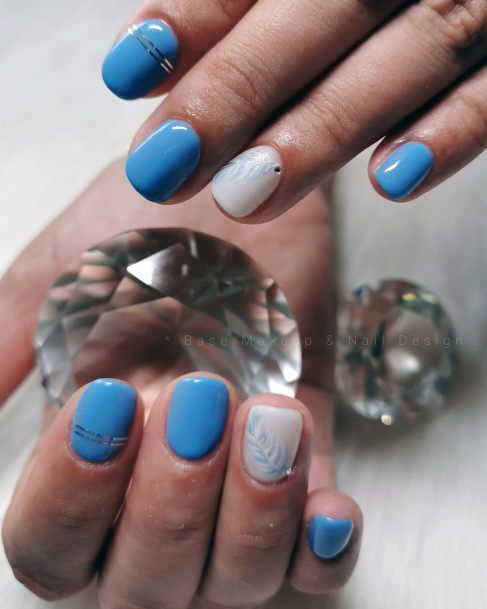 Blue White Feather And Metallic Band Nail For Women