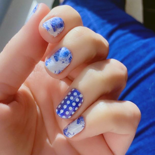 Blue White Florals And Dot Design Nail For Women