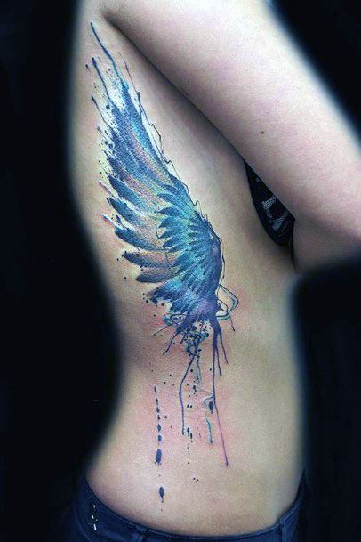 Bluish Water Color Tattoo Womens Torso Angel Wings