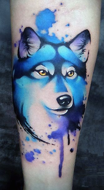 Bluish Watercolor Wolf Dog Tattoo Womens Hands