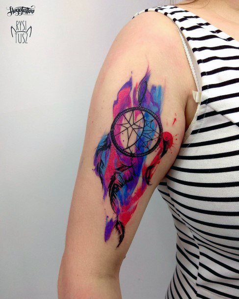 Blurred Dark Colored Ink Dream Catcher Tattoo Womens Arms